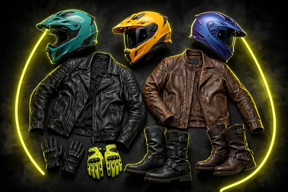 Motorcycle rider gear collection with neon lighting