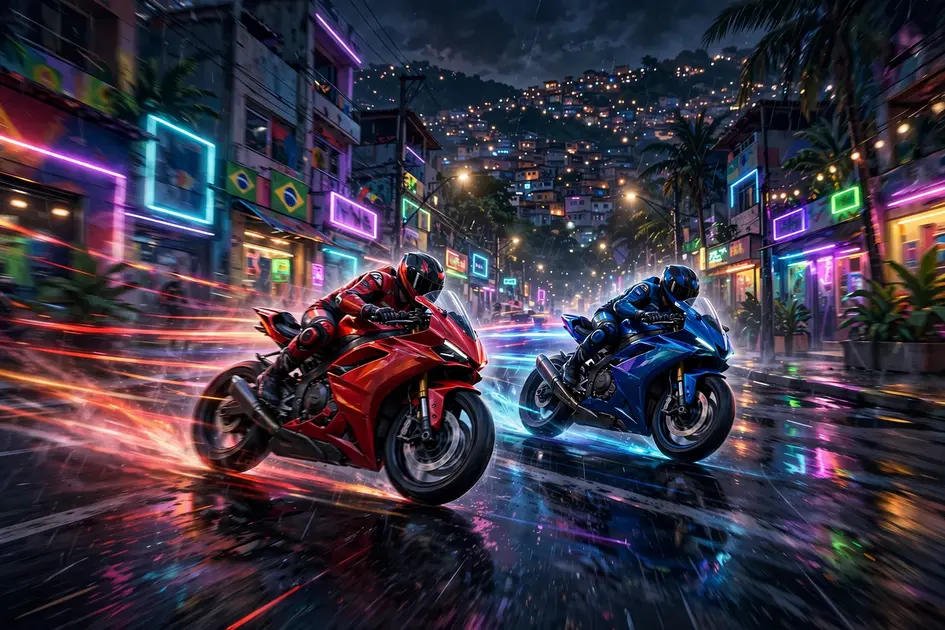 Motorcycle street race at night with light trails