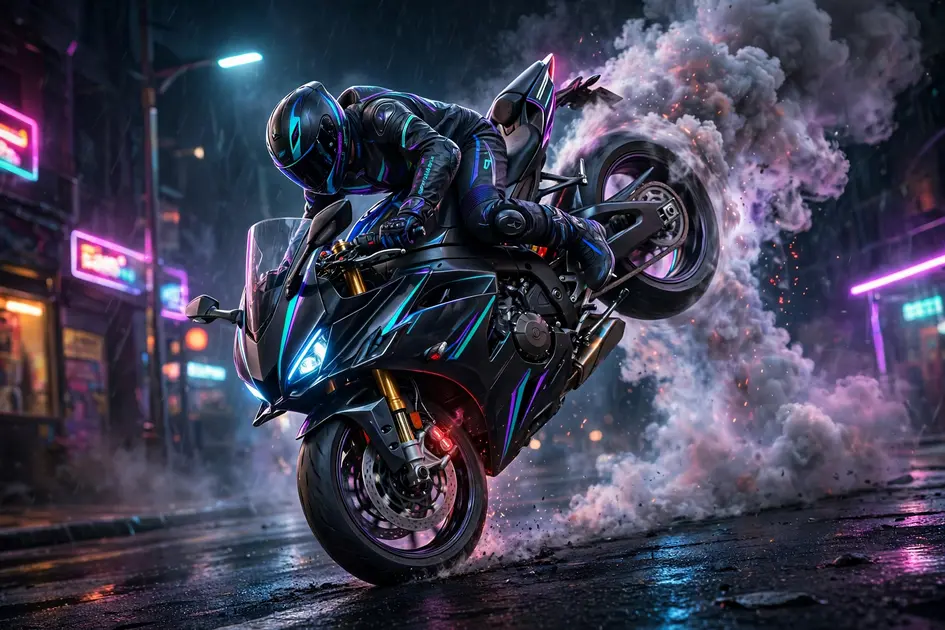 Motorcycle doing a stoppie with burnout smoke at night