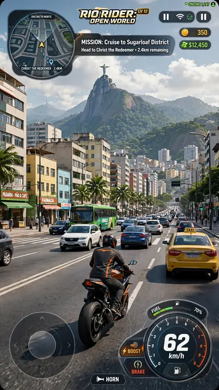 Projeto Grau 2 open world screenshot showing the Brazilian city with day night cycle