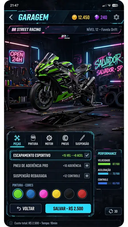 Projeto Grau 2 garage screenshot showing motorcycle customization options