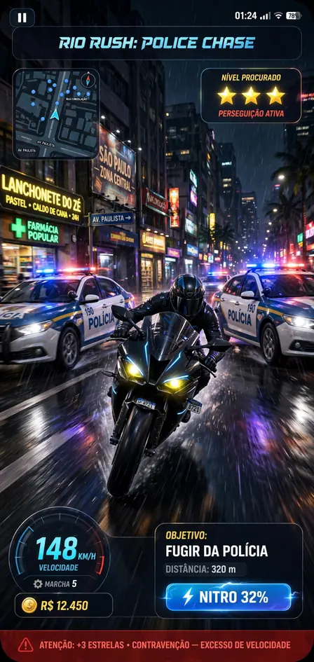 Projeto Grau 2 screenshot showing a police chase with wanted level