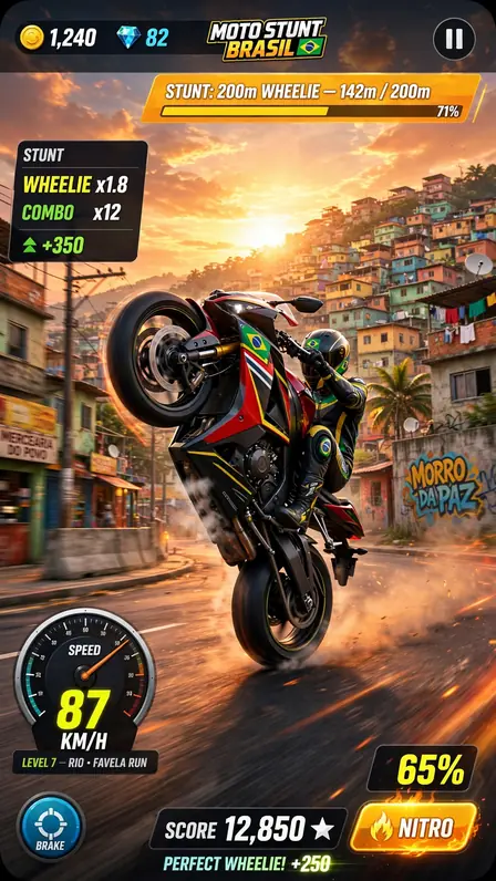 Projeto Grau 2 gameplay screenshot showing a motorcycle doing a wheelie on a Brazilian city street